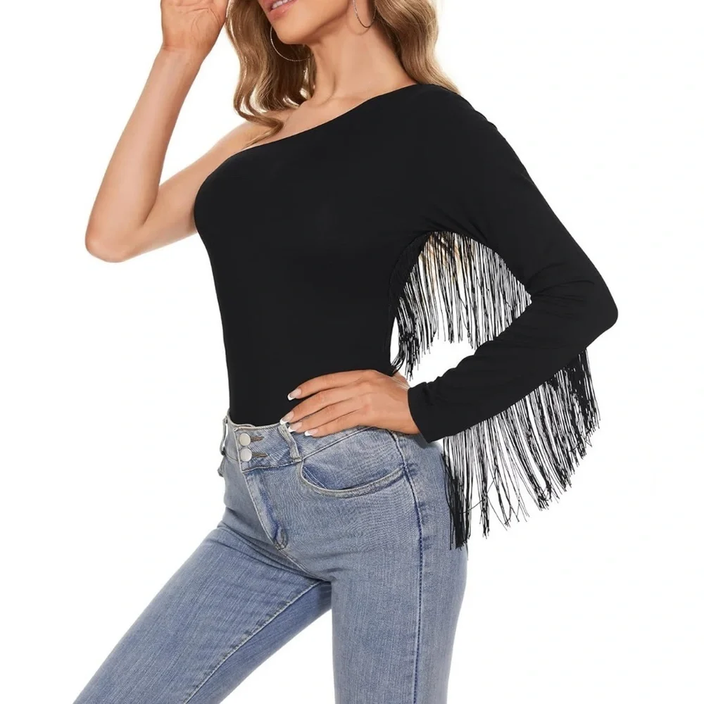 One-shoulder fringe bodysuit - black - small